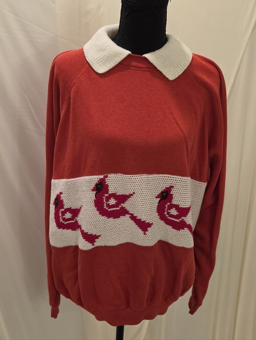 Vintage 90s Hanes Cardinal Bird Collared Sweatshirt XL Red Knit
